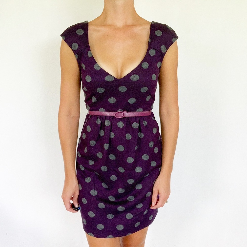 Lush purple belted polka dot dress size large